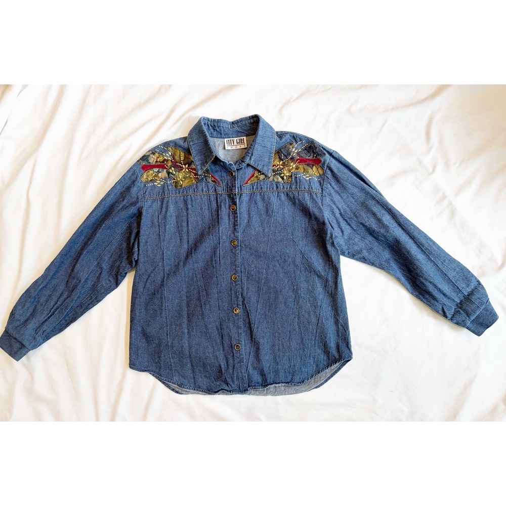 City Girl Sport Vintage Denim Embellished Blouse Size L/XL Studded